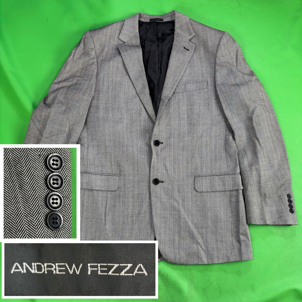 Andrew Fezza Blazer Mens 42L Grey Herringbone 100% Silk Two Button Sport Coat